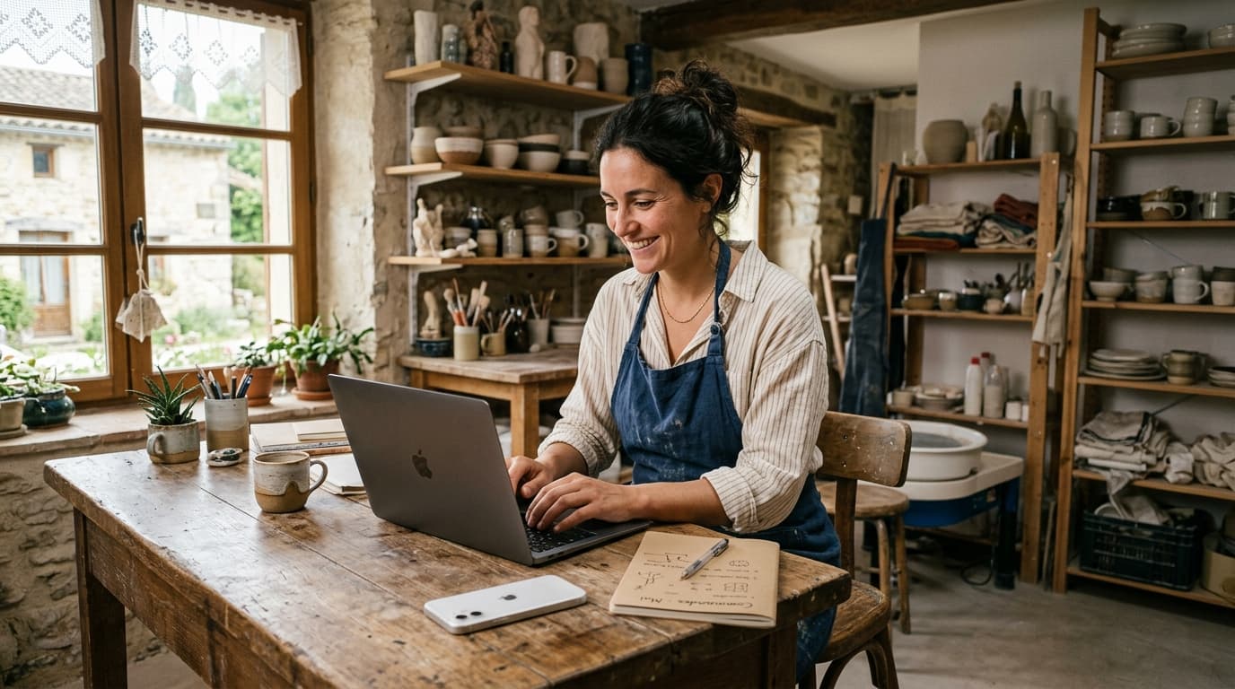 Artisane et créatrice souriante dans son atelier chaleureux travaillant sur son site vitrine professionnel
