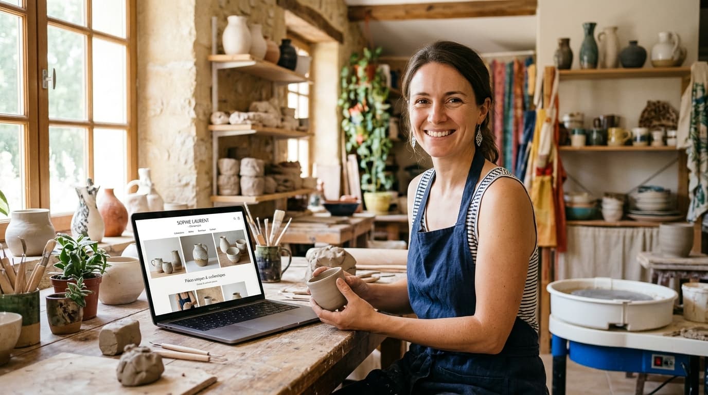 Artisane créatrice souriante dans son atelier lumineux présentant son site vitrine inspirant sur son écran d'ordinateur