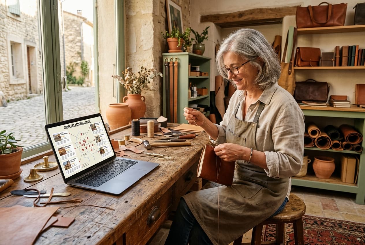 Artisane dans son atelier utilisant Google My Business sur son ordinateur pour attirer des clients locaux