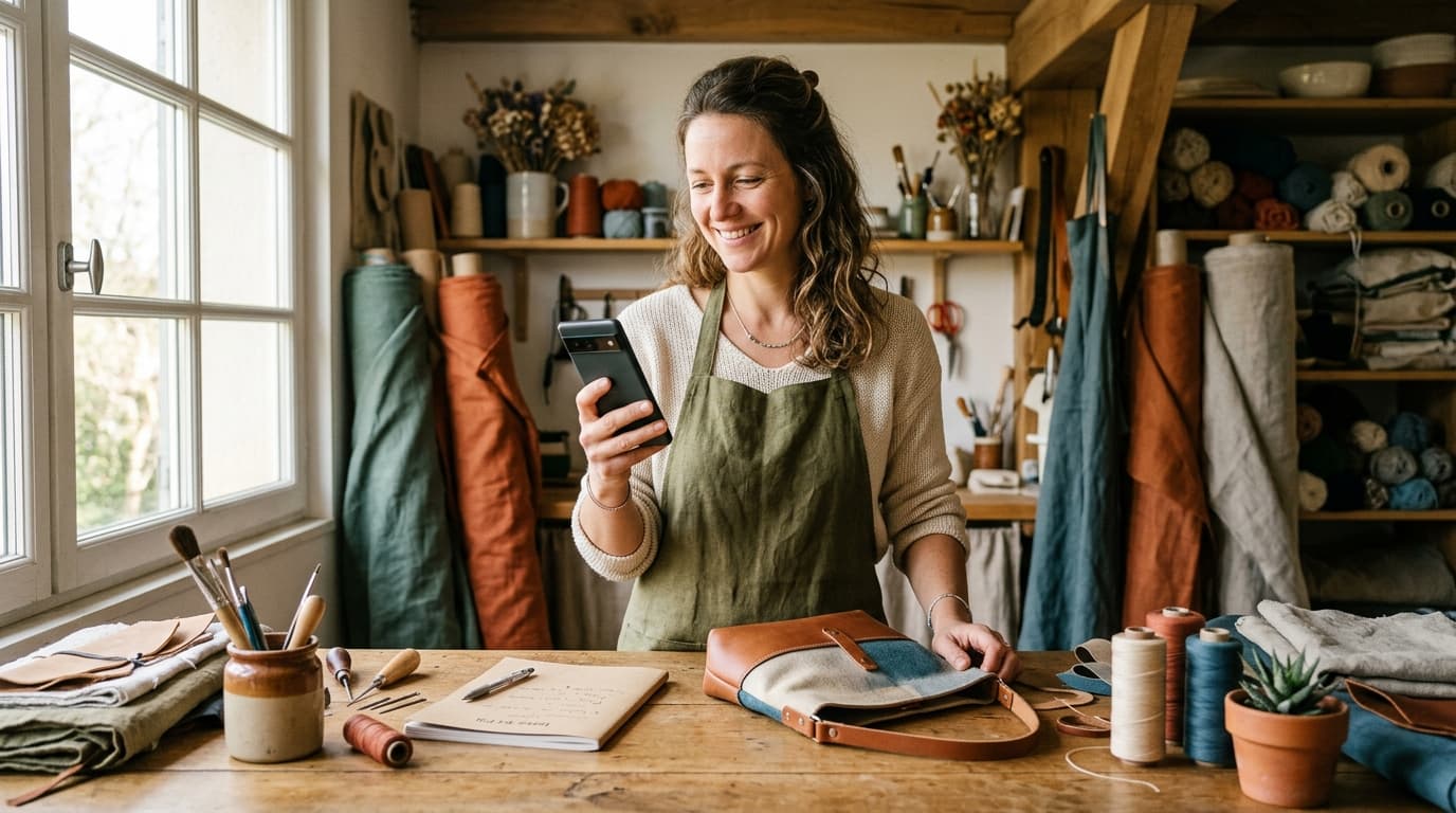 Artisane créatrice souriante dans son atelier chaleureux gérant son activité depuis son smartphone avec sérénité