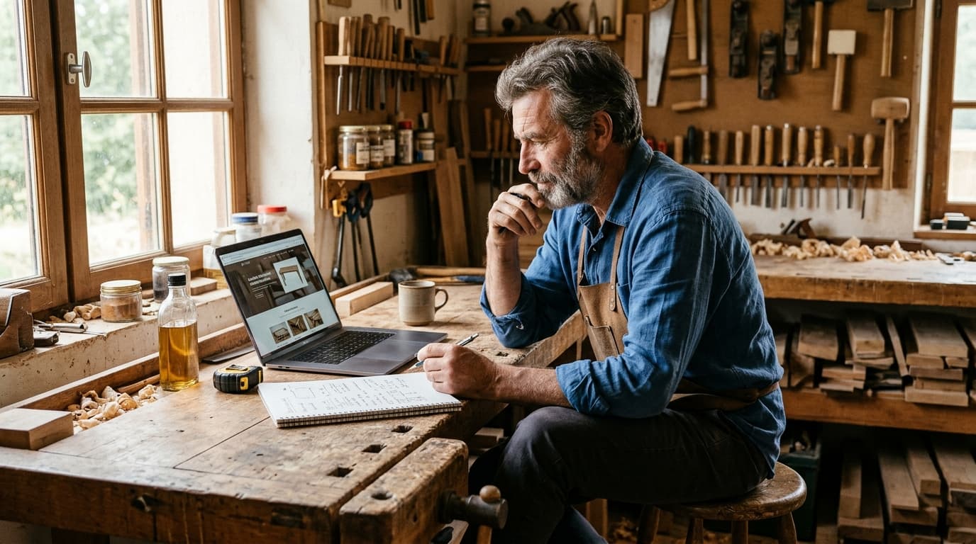 Artisan menuisier dans son atelier chaleureux analysant sur son ordinateur portable les coûts réels d'un site internet