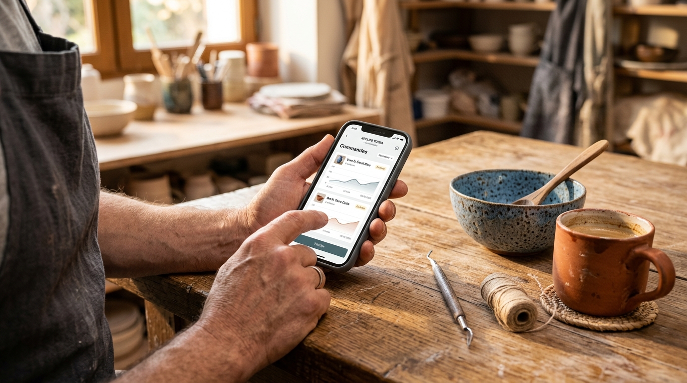 Artisan consultant ses commandes et ses notes de fabrication en temps réel sur son smartphone dans son atelier