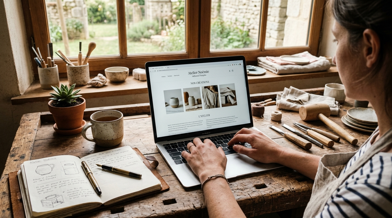 Artisane travaillant sur son site vitrine professionnel dans son atelier avec ses outils de création