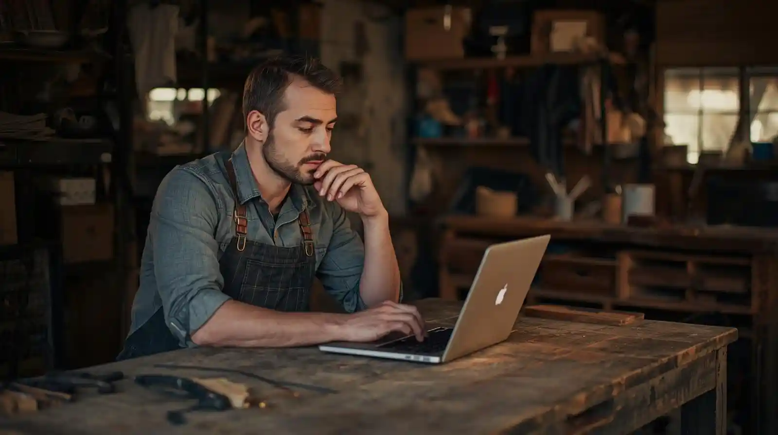 formation wordpress -un artisan créateur devant son PC, en train d'ajouter ses produits dnas saboutique en ligne. accoudé à son établi dans son atelier - guides digitaux